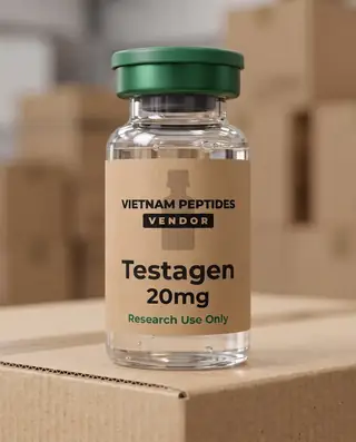 Testagen 20mg vial with a Vietnam Peptides Vendor label